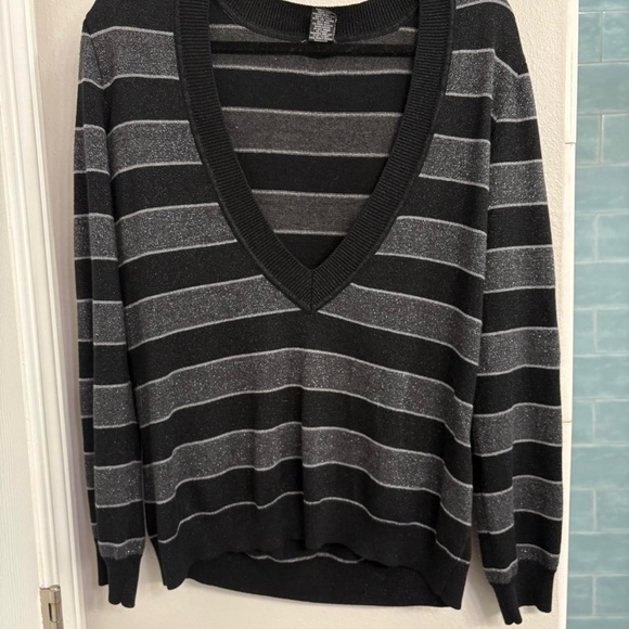Striped Black and Gray V-Neck Sweater